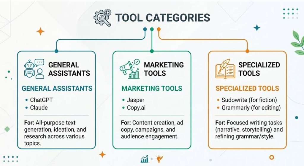 A tool categories diagram. A simple three-branch graphic showing General Assistants (ChatGPT, Claude), Marketing Tools (Jasper, Copy.ai), Specialized Tools (Sudowrite for fiction, Grammarly for editing). Each branch has a one-line description of who it's for. Keep it clean and scannable — this should feel like a quick reference guide, not a cluttered infographic.