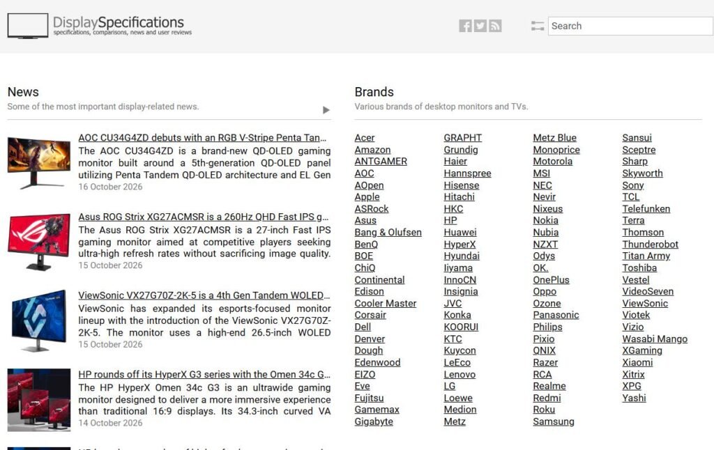 Display Specifications panel database comparison